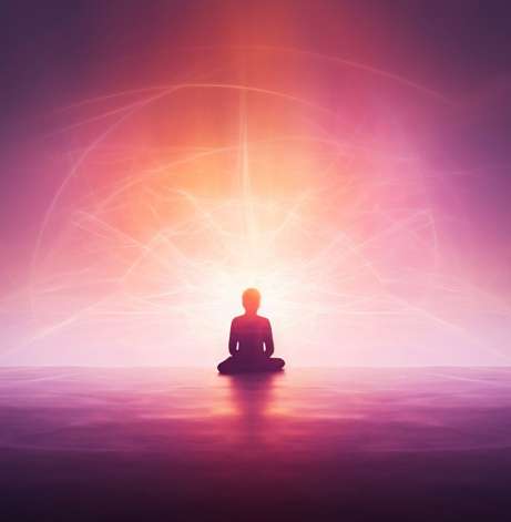 A person sits cross-legged in meditation, silhouetted against a vibrant, glowing background of pink, purple, and orange light radiating outward—a peaceful scene evoking the spiritual essence of reiki energy healing. Reiki energy healing by jennybee alchemy