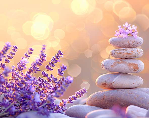 A stack of smooth stones topped with small pink flowers sits next to sprigs of lavender, set against a soft, golden bokeh background, evoking the serene and calming atmosphere often found in reiki energy healing sessions. Reiki energy healing by jennybee alchemy