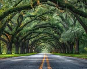 A scenic road lined with large, arching oak trees covered in green moss forms a leafy tunnel over the roadway, where sunlight filters through the branches like gentle reiki energy healing from nature itself. Reiki energy healing by jennybee alchemy
