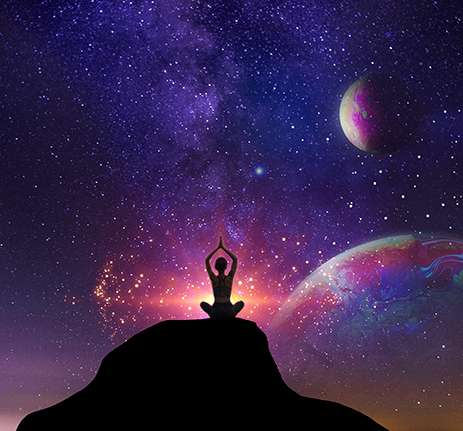 A silhouette of a person meditating on a hilltop, channeling reiki energy healing beneath a vibrant, star-filled galaxy sky with colorful planets and cosmic clouds in the background. Reiki energy healing by jennybee alchemy