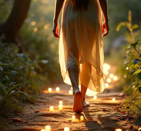 A barefoot woman in a flowing dress, embodying the grace of a reiki master, walks along a forest path illuminated by small, glowing candles, creating a serene and magical atmosphere. Reiki energy healing by jennybee alchemy