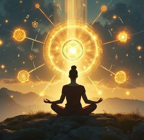 A person sits cross-legged meditating on a rocky hill at sunset, as glowing golden symbols and celestial designs—evoking reiki energy healing—radiate above them, creating a mystical and spiritual atmosphere. Reiki energy healing by jennybee alchemy