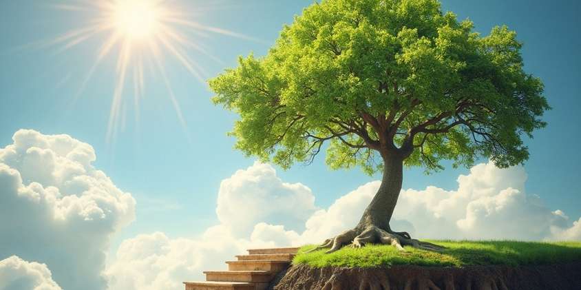 A vibrant green tree stands atop a grassy hill with stone steps leading up to it, radiating a sense of reiki energy healing as the sun shines brightly in a blue sky filled with fluffy white clouds. Reiki energy healing by jennybee alchemy