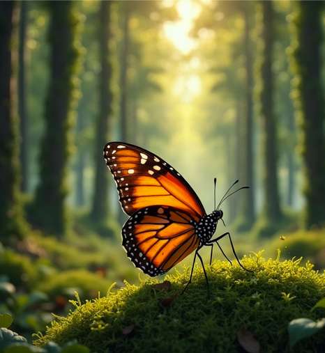 A vibrant orange and black butterfly rests on green moss in a sunlit forest, as reiki energy healing infuses the peaceful, dreamy atmosphere created by tall trees and soft sunlight in the background. Reiki energy healing by jennybee alchemy