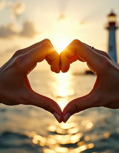 Hands forming a heart shape frame a glowing sunset over the ocean, with a lighthouse visible in the background—inviting the peaceful energy of reiki training and healing to flow as sunlight reflects warmly off the water. Reiki energy healing by jennybee alchemy