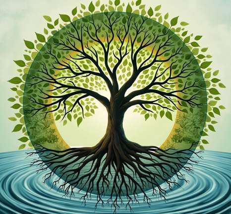 A stylized tree with green leaves and dark branches stands at the center of a circular frame, its roots spreading into rippling blue water, symbolizing growth, connection, and the flow of reiki energy healing. Reiki energy healing by jennybee alchemy
