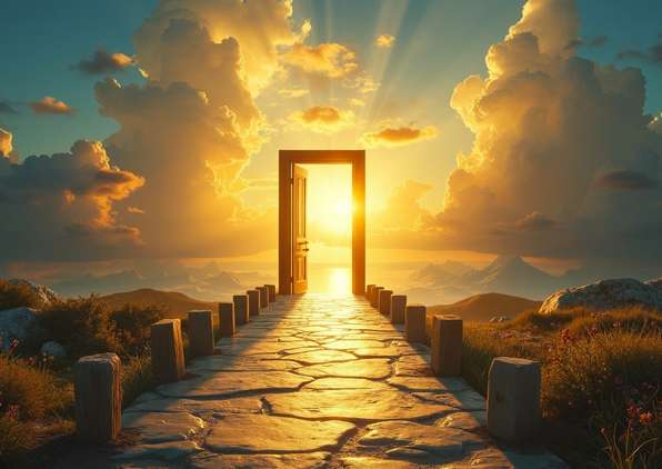 How to become a certified reiki master 2 A stone path leads to a wooden door standing alone outdoors, surrounded by posts. Open to golden sunlight and dramatic clouds, it creates a dreamy, mystical atmosphere—perfect for reiki energy healing or the transformational journey of reiki training. Reiki energy healing by jennybee alchemy