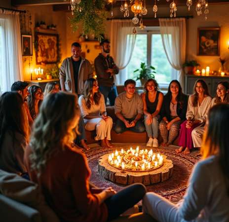 A group of people sits in a cozy living room, forming a circle around a table covered with lit candles, smiling and talking in a warm, inviting atmosphere as they discuss reiki energy healing in the soft glow of homey decor. Reiki energy healing by jennybee alchemy