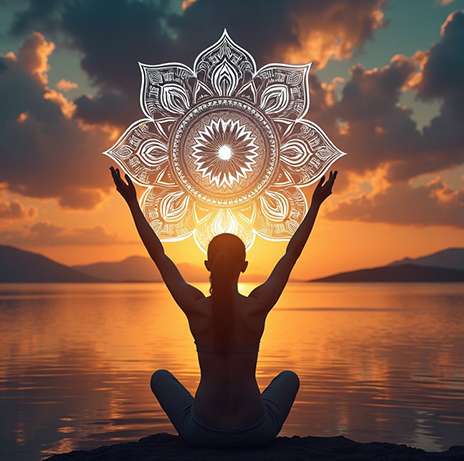 A person sits cross-legged by a lake at sunset with arms raised, facing a large, ornate mandala—channeling reiki energy healing as the floating design glows in front of them. Reiki energy healing by jennybee alchemy
