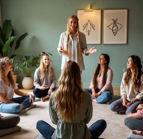 How to become a certified reiki master 3 A group of women sit in a circle on the floor in a cozy room, attentively listening to a reiki master speaking. The room has green walls, houseplants, and framed abstract art, creating the perfect setting for reiki energy healing. Reiki energy healing by jennybee alchemy