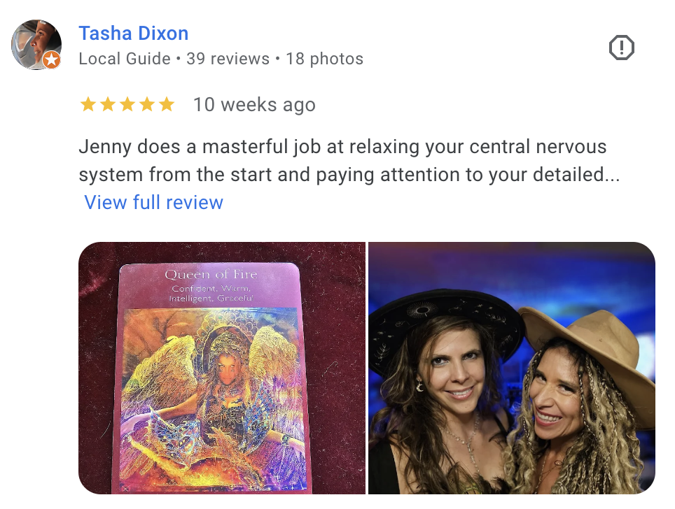 A google review by tasha dixon gives 4 stars and praises jenny, a reiki master, for her relaxing service. Below, there’s a photo of a queen of fire tarot card and a photo of two women smiling, both wearing hats. Reiki energy healing by jennybee alchemy