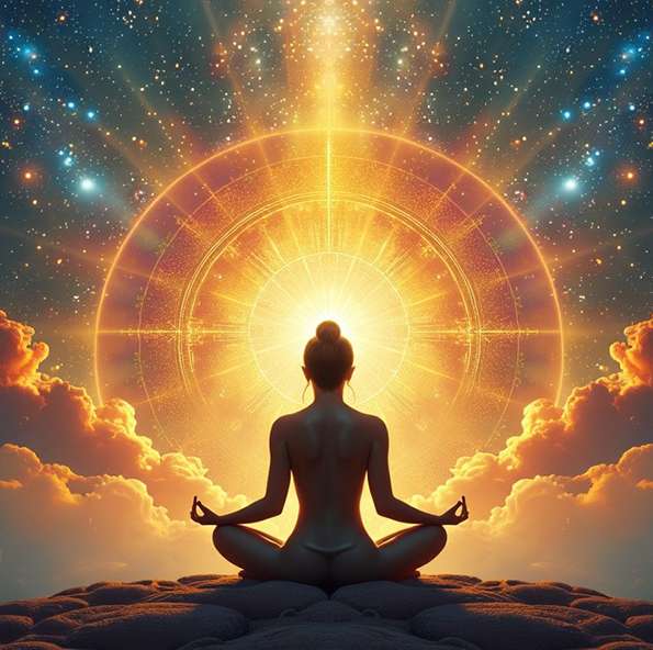 A person meditates in a lotus pose, silhouetted against a radiant mandala and cosmic sky, evoking peace and enlightenment—channeling reiki energy healing for spiritual balance and awakening. Reiki energy healing by jennybee alchemy