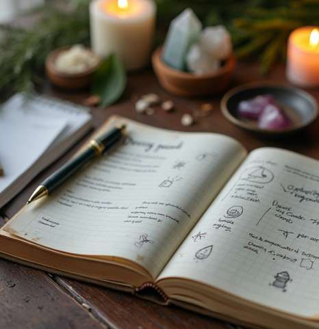 An open notebook with handwritten notes and sketches lies on a wooden table, surrounded by a pen, candles, crystals, and leafy branches, evoking a cozy atmosphere perfect for reiki energy healing or deepening your reiki training. Reiki energy healing by jennybee alchemy