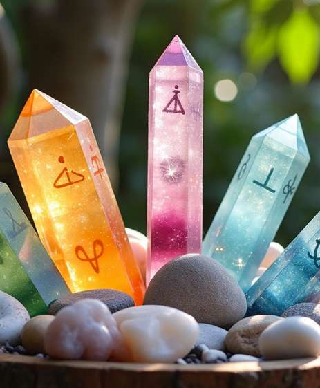 Colorful crystal points with glowing centers and mystical symbols stand upright among smooth stones, channeling reiki energy healing outdoors with soft sunlight and greenery in the background. Reiki energy healing by jennybee alchemy