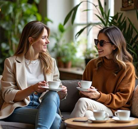 Two women sit on a cozy, plant-filled cafe couch, smiling and chatting over coffee. Both appear relaxed and happy, sharing stories about reiki energy healing and the benefits they’ve discovered through reiki training. Reiki energy healing by jennybee alchemy