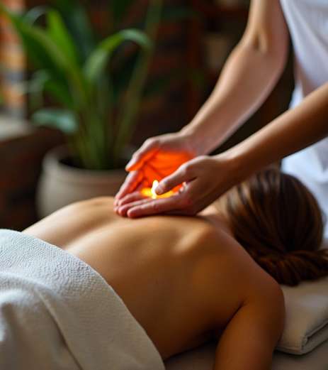 A person receives a relaxing back massage from a therapist and reiki master in a spa setting, with a plant in the background and warm lighting creating a calm atmosphere. Reiki energy healing by jennybee alchemy