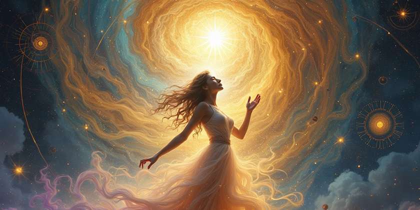 A woman in a flowing dress stands with arms outstretched, bathed in golden swirling reiki energy healing radiating from a bright central star, set against a cosmic background with stars and abstract celestial patterns. Reiki energy healing by jennybee alchemy