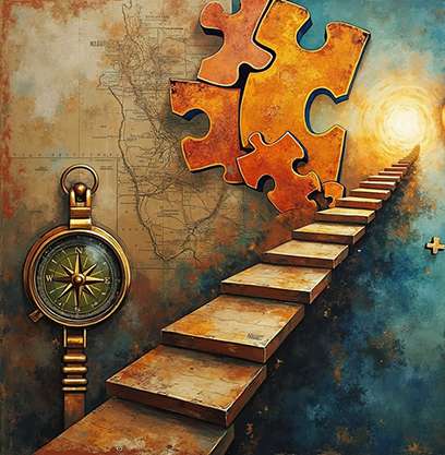 A vintage compass beside a map, with a staircase made of puzzle pieces leading upward toward a glowing light, symbolizing the journey of reiki energy healing and the quest for answers. Reiki energy healing by jennybee alchemy