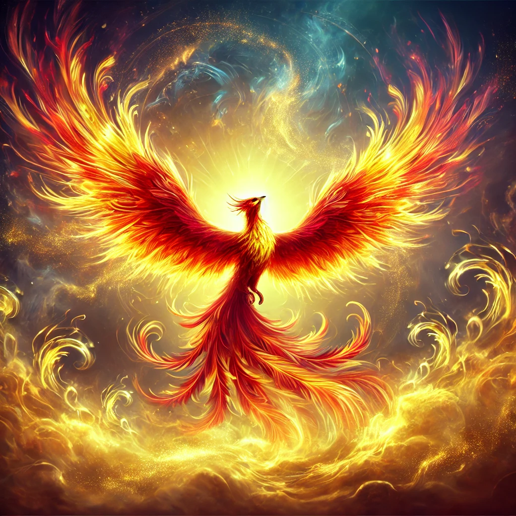 A vibrant, fiery phoenix with glowing red and orange feathers rises majestically from swirling golden flames, embodying Reiki energy healing against a dramatic sky with radiant light shining behind it. Reiki energy healing by Jennybee Alchemy