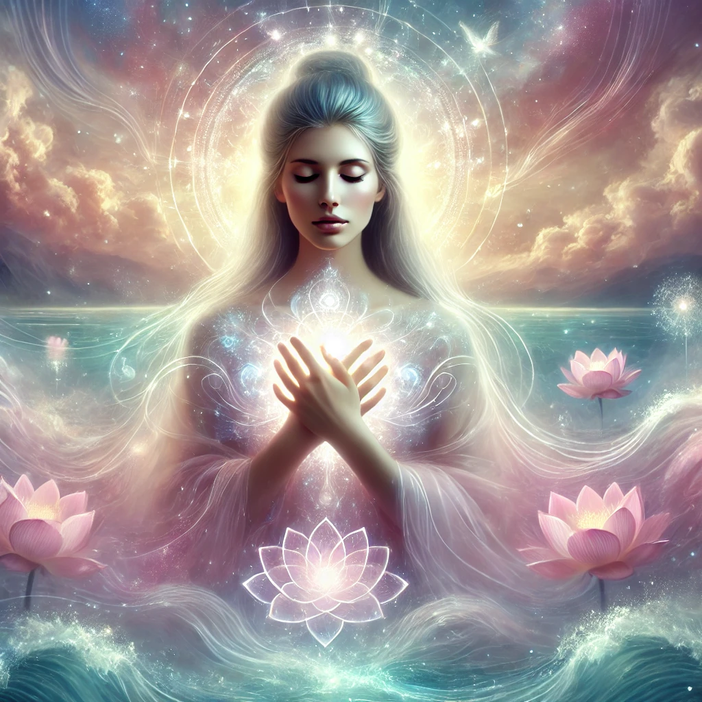 The power of softness 1 Dall·e 2025 02 22 09. 38. 41 a mystical digital painting of a serene woman surrounded by soft radiant energy waves embodying the concept of strength through softness. Her hands