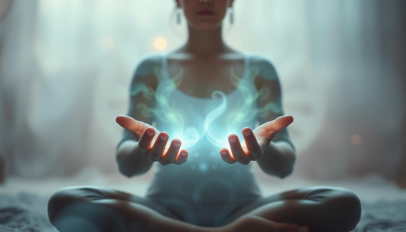 A person sits cross-legged with hands outstretched, palms up, as glowing reiki energy healing swirls between them in a tranquil, mystical atmosphere. Soft, blurred lighting enhances the sense of calm and magic. Reiki energy healing by jennybee alchemy