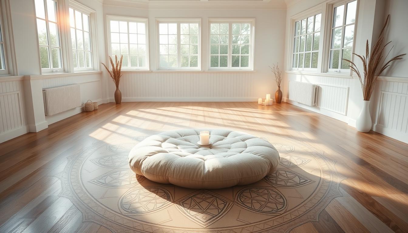 A bright, spacious room with large windows, wooden floors, and white walls features a round cushioned seat atop a decorative rug. Potted dry plants and lit candles create a calm atmosphere—perfect for Reiki energy healing or Reiki Training sessions. Reiki energy healing by Jennybee Alchemy