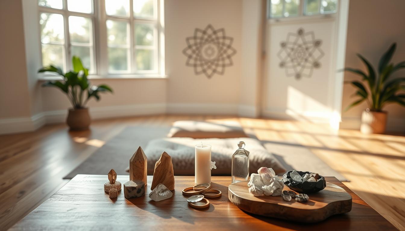Starting a reiki practice: reiki business development 3 A peaceful, sunlit meditation room with large windows, floor cushions, potted plants, and a wooden table displaying crystals—perfect for reiki energy healing. Geometric wall art enhances the tranquil atmosphere in this serene space. Reiki energy healing by jennybee alchemy