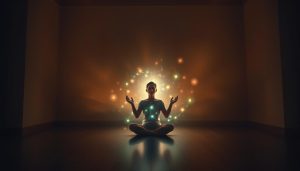 A person sits cross-legged in a dim room, meditating as glowing orbs and light particles swirl around them, evoking the serene, magical atmosphere of reiki energy healing. Reiki energy healing by jennybee alchemy