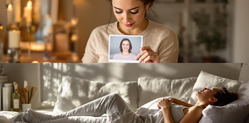 A woman looks fondly at a photo of another smiling woman in a cozy, warmly lit room. Below, she lies on a sunlit bed, appearing thoughtful with hands resting on her chest, as if feeling the gentle touch of distance reiki from afar.