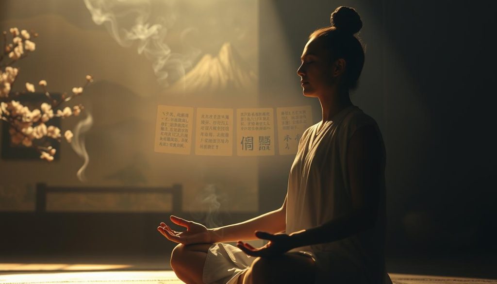 A centuries-old spiritual tradition unfolds in a serene, dimly lit setting. In the foreground, a tranquil figure meditates, palms gently cupped, embodying the essence of reiki. Wisps of incense drift through the air, casting a warm, ethereal glow. In the middle ground, ancient text and symbols float in a hazy, dreamlike manner, symbolizing the rich history and esoteric teachings of reiki. The background slowly reveals a tapestry of eastern influences, from delicate cherry blossoms to the silhouettes of majestic mountains, evoking the cultural roots of this holistic practice. The overall mood is one of profound contemplation, inviting the viewer to connect with the timeless wisdom and transformative power of reiki.