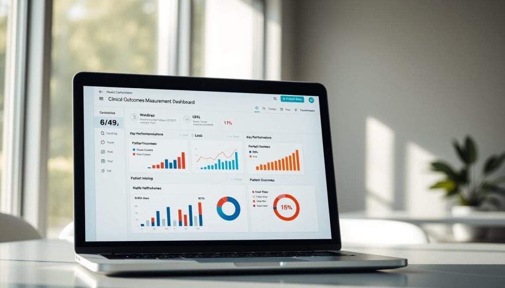A clinical outcomes measurement dashboard displayed on a laptop screen, set against a backdrop of a minimalist office environment. The dashboard features various charts, graphs, and metrics highlighting key performance indicators related to patient health outcomes. The scene is illuminated by soft, natural lighting filtering through a large window, casting a calming ambiance. The overall atmosphere conveys a sense of professionalism, attention to detail, and a data-driven approach to healthcare. The composition emphasizes the importance of quantifying and tracking clinical progress to support evidence-based decision-making.