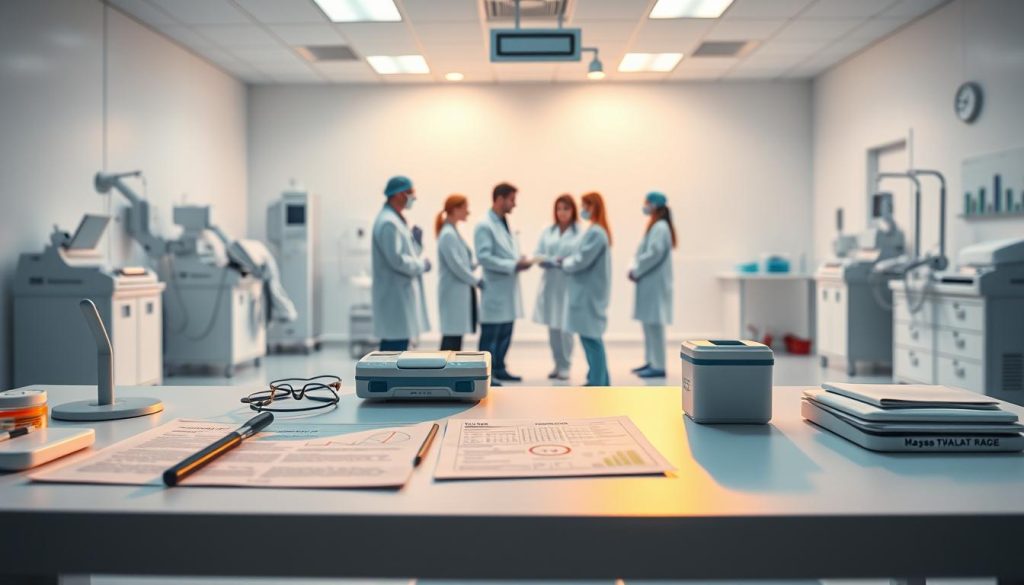 A clinical trial design with a clean, clinical aesthetic. In the foreground, a table with medical equipment and documents, illuminated by warm, directional lighting. In the middle ground, a group of medical professionals in lab coats and scrubs, discussing study protocols. The background features a minimalist, sterile healthcare setting with white walls, sterile equipment, and subtle graphical elements hinting at data visualization. The overall mood is one of meticulous attention to detail, scientific rigor, and a focus on evidence-based decision-making.