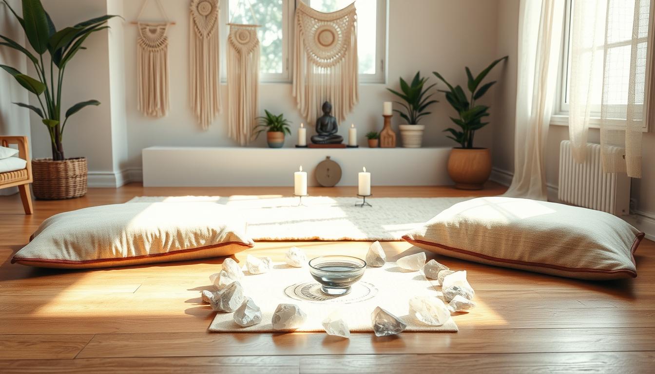 How to become a certified reiki master 4 A cozy and serene personal reiki practice space. In the foreground, a comfortable meditation cushion sits on a wooden floor, surrounded by a circular array of quartz crystals, burning incense, and a small bowl of water. Natural sunlight filters in through a large window, casting a warm glow on the scene. In the middle ground, a low altar table displays a reiki symbol, a few candles, and a small statue of a buddha figure. The background features neutral-toned walls adorned with delicate macrame hangings and a few potted plants, creating a calming, minimalist atmosphere. The overall mood is one of tranquility, introspection, and spiritual connection.