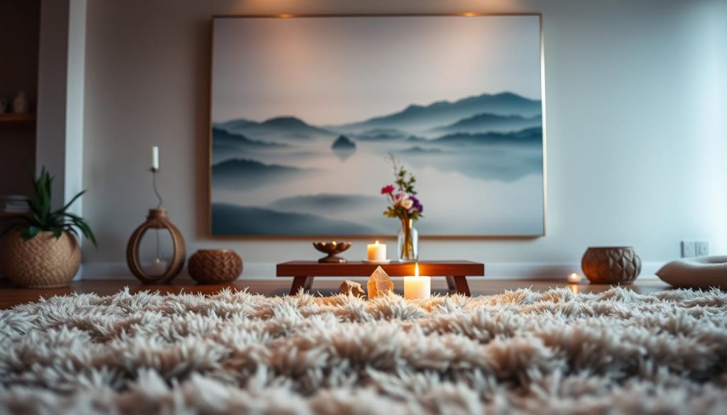 A cozy, inviting healing environment setup. In the foreground, a soft, plush rug covers the floor, inviting one to sit and relax. In the middle ground, a low, wooden table holds a few healing crystals, a candle, and a small vase of fresh flowers. The background features a wall adorned with a large, serene landscape painting, bathed in the warm glow of soft, diffused lighting. The overall atmosphere is one of tranquility, peace, and introspection, creating the perfect setting for a reiki practice. A cozy, inviting healing environment setup. In the foreground, a soft, plush rug covers the floor, inviting one to sit and relax. In the middle ground, a low, wooden table holds a few healing crystals, a candle, and a small vase of fresh flowers. The background features a wall adorned with a large, serene landscape painting, bathed in the warm glow of soft, diffused lighting. The overall atmosphere is one of tranquility, peace, and introspection, creating the perfect setting for a reiki practice.