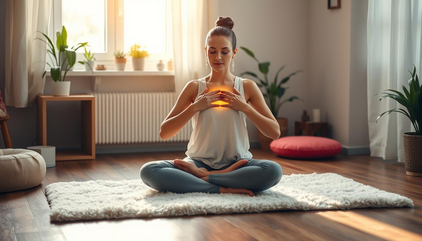 A cozy, well-lit home studio setting, with a person sitting cross-legged on a plush, cushioned mat, performing reiki hand positions on themselves. The person's hands are placed gently over their heart, abdomen, and head, emanating a soft, warm glow. Soft, diffused lighting from a nearby window creates a calming, serene atmosphere. The background features simple, minimalist decor - potted plants, a meditation cushion, and a few spiritual artifacts. The overall mood is one of tranquility, focus, and self-care, capturing the essence of beginner-level reiki techniques practiced in the comfort of one's own home.