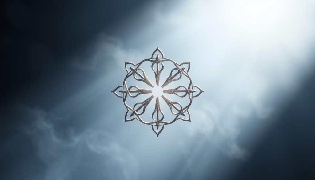 A detailed, intricate rendering of the sho nen reiki distance healing symbol, depicted against a serene, ethereal backdrop. The symbol's delicate lines and curves are rendered with a sense of profound spiritual significance, radiating a tranquil, meditative energy. Soft, diffused lighting illuminates the symbol, casting gentle shadows that accentuate its elegant form. The composition is balanced, with the symbol positioned centrally, allowing it to command the viewer's attention. The overall atmosphere evokes a sense of profound connection to the divine, inviting contemplation and reflection on the profound energetic and spiritual aspects of this sacred symbol.