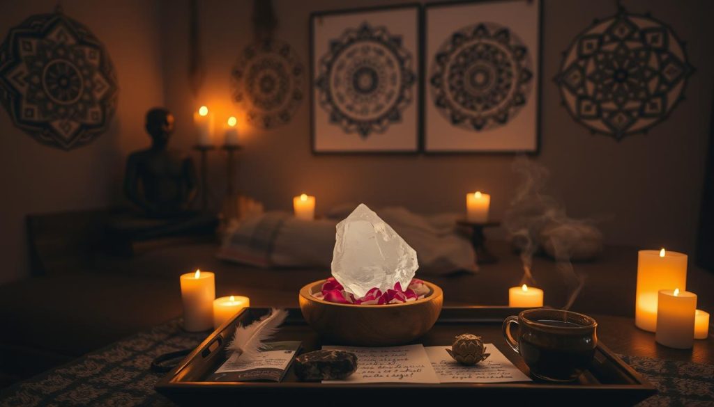 A dimly lit room, soft glowing candles casting a warm, serene ambiance. In the center, a small table adorned with a crystal clear quartz, sage, and a wooden bowl of rose petals. Intricate mandalas and symbols hang on the walls, emitting a mystical, healing energy. A white feather, a small amethyst cluster, and a handwritten note lay next to a tray with a steaming cup of herbal tea. The air is filled with the gentle scent of incense, creating a tranquil, meditative atmosphere perfect for a remote reiki session.
