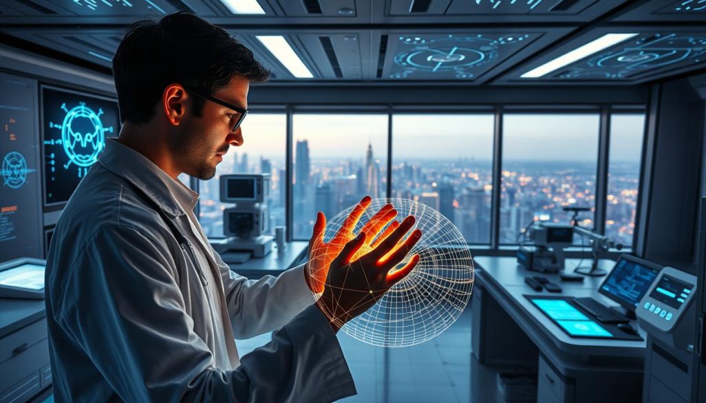 A futuristic laboratory setting, filled with holographic displays and advanced biofield visualization equipment. In the foreground, a researcher examines intricate energy patterns pulsing across a patient's body, their hands glowing with a subtle bioluminescence. The middle ground features sleek, modular workstations and state-of-the-art diagnostics tools. The background showcases panoramic windows overlooking a cityscape, bathed in the soft, diffused light of a tomorrow yet to come. The scene conveys a sense of wonder, scientific progress, and the ever-expanding frontiers of understanding the human energy system. A futuristic laboratory setting, filled with holographic displays and advanced biofield visualization equipment. In the foreground, a researcher examines intricate energy patterns pulsing across a patient's body, their hands glowing with a subtle bioluminescence. The middle ground features sleek, modular workstations and state-of-the-art diagnostics tools. The background showcases panoramic windows overlooking a cityscape, bathed in the soft, diffused light of a tomorrow yet to come. The scene conveys a sense of wonder, scientific progress, and the ever-expanding frontiers of understanding the human energy system.