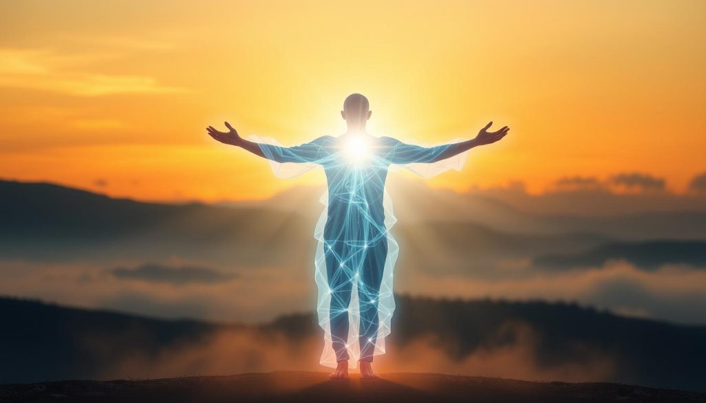 A glowing, energy-filled figure stands with arms outstretched, radiating a vibrant aura of harmony and balance. The background is a serene, ethereal landscape, with soft clouds and gentle light illuminating the scene. The figure's presence exudes a sense of inner peace and attunement, as if channeling the universal life force. Warm tones and a soft, hazy atmosphere create an atmosphere of tranquility and introspection. The composition is centered, with the figure occupying the foreground, inviting the viewer to connect with the energy and experience a moment of profound realization. A glowing, energy-filled figure stands with arms outstretched, radiating a vibrant aura of harmony and balance. The background is a serene, ethereal landscape, with soft clouds and gentle light illuminating the scene. The figure's presence exudes a sense of inner peace and attunement, as if channeling the universal life force. Warm tones and a soft, hazy atmosphere create an atmosphere of tranquility and introspection. The composition is centered, with the figure occupying the foreground, inviting the viewer to connect with the energy and experience a moment of profound realization.