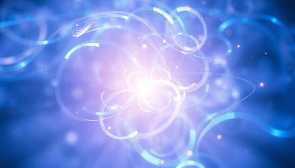 A glowing, ethereal energy field emanates from the center, radiating outward in a captivating display of vibrant hues. Swirling currents of light, in shades of blue, violet, and white, flow and intertwine, creating a mesmerizing, dynamic composition. The energy appears to pulse and undulate, conveying a sense of harmony and healing. Captured with a wide-angle lens, the scene is bathed in a soft, diffused lighting, lending an ethereal, otherworldly quality. The background is hazy and indistinct, allowing the energy flow to take center stage and command the viewer's attention. This image perfectly captures the essence of reiki, its calming influence, and its ability to channel the body's vital life force.