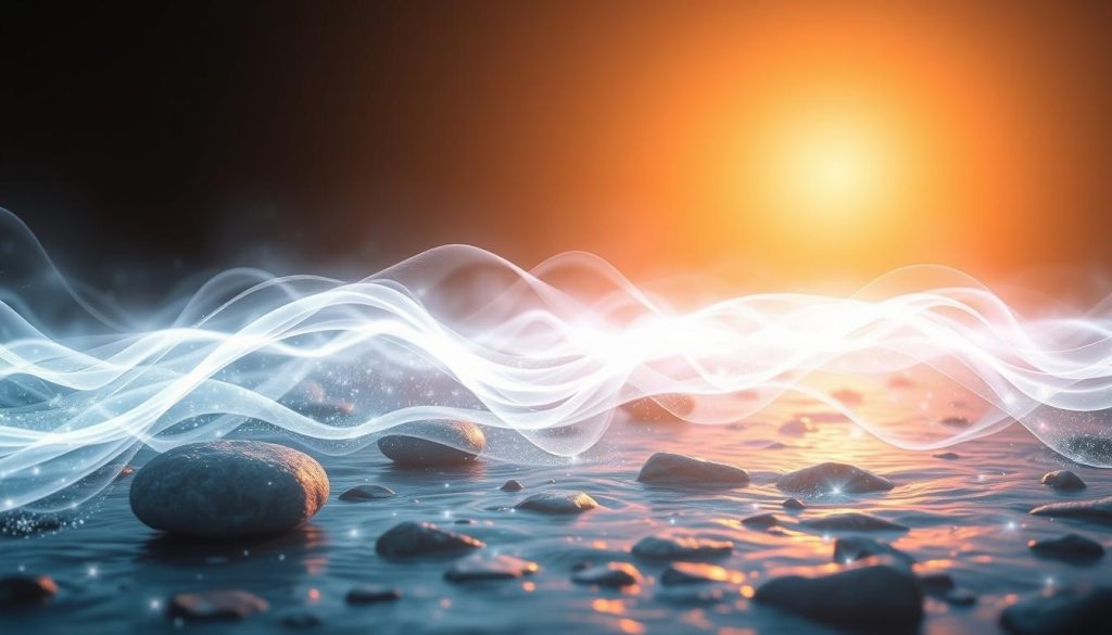 A glowing, ethereal energy field pulsing with radiant light, flowing and undulating through a serene, meditative landscape. In the foreground, wisps of translucent energy swirl and converge, hinting at the interconnectedness of all things. The middle ground features a tranquil, minimalist setting with natural elements like smooth stones, crystals, and flowing water, creating a sense of balance and harmony. The background is bathed in a soft, diffused glow, evoking a sense of the infinite and the divine. Captured with a wide-angle lens and soft, even lighting to convey a contemplative, spiritual atmosphere. A glowing, ethereal energy field pulsing with radiant light, flowing and undulating through a serene, meditative landscape. In the foreground, wisps of translucent energy swirl and converge, hinting at the interconnectedness of all things. The middle ground features a tranquil, minimalist setting with natural elements like smooth stones, crystals, and flowing water, creating a sense of balance and harmony. The background is bathed in a soft, diffused glow, evoking a sense of the infinite and the divine. Captured with a wide-angle lens and soft, even lighting to convey a contemplative, spiritual atmosphere.