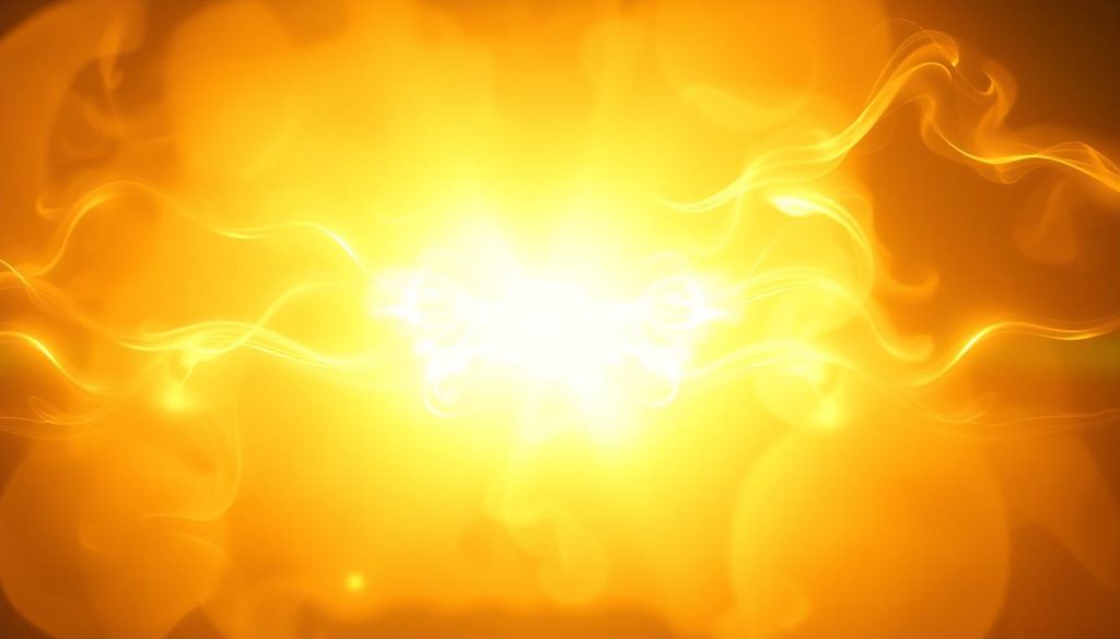A glowing, ethereal energy field radiates from the center of the frame, casting a warm, soothing glow. Tendrils of luminescent energy swirl and dance, creating a mesmerizing, almost hypnotic effect. The background is shrouded in a soft, hazy mist, adding to the sense of mysticism and tranquility. The lighting is gentle and diffused, with highlights that accentuate the flowing movement of the energy. The overall composition is balanced and peaceful, conveying a sense of alignment, harmony, and the subtle yet powerful effects of a reiki level 1 attunement.