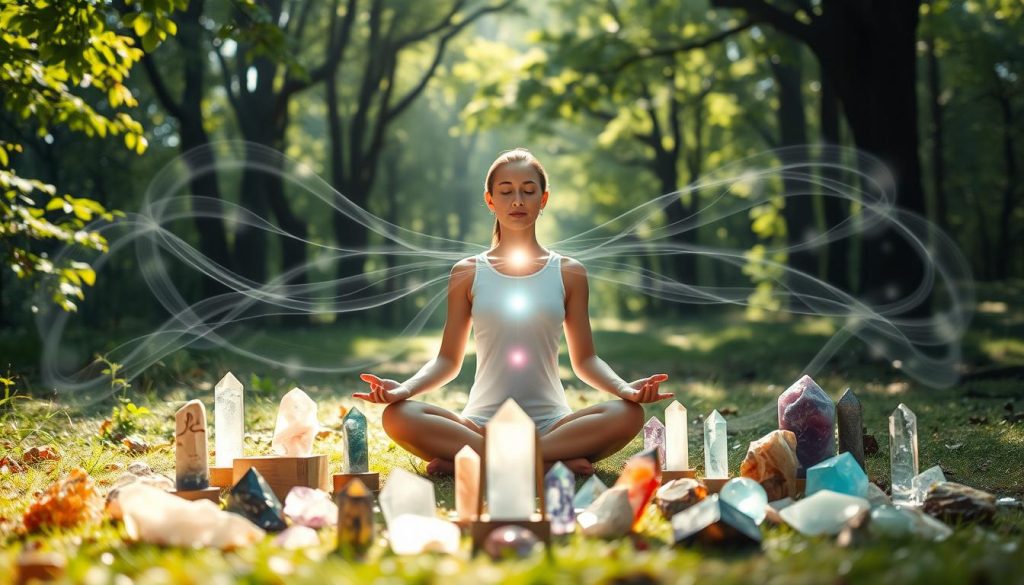 A harmonious fusion of reiki, yoga, and crystal healing techniques. In the foreground, a serene figure sits in a lotus position, palms radiating healing energy. Surrounding them, an array of crystals in various shapes and colors, each imbued with their own resonant frequencies. In the middle ground, wispy strands of energy intertwine, connecting the reiki practitioner to the crystals and the yoga poses. The background features a tranquil, natural setting - a lush forest glade with dappled sunlight filtering through the leaves, creating a sense of balance and tranquility. The lighting is soft and diffused, capturing the essence of holistic, synergistic healing. A harmonious fusion of reiki, yoga, and crystal healing techniques. In the foreground, a serene figure sits in a lotus position, palms radiating healing energy. Surrounding them, an array of crystals in various shapes and colors, each imbued with their own resonant frequencies. In the middle ground, wispy strands of energy intertwine, connecting the reiki practitioner to the crystals and the yoga poses. The background features a tranquil, natural setting - a lush forest glade with dappled sunlight filtering through the leaves, creating a sense of balance and tranquility. The lighting is soft and diffused, capturing the essence of holistic, synergistic healing.