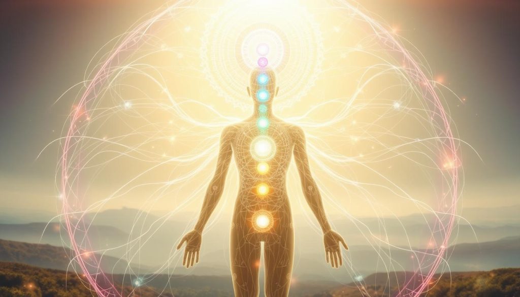 A highly detailed, scientifically accurate diagram of the human biofield energy system, illustrated with a soft, ethereal glow. A central figure in the foreground, surrounded by colorful, swirling energy fields and lines representing the subtle energy flows. In the middle ground, a visual representation of the chakras, energy centers, and meridians. The background features a serene, minimalist landscape with a soft, hazy light, creating a sense of tranquility and balance. Rendered with a photorealistic, high-definition style using advanced lighting and rendering techniques to convey the intricate complexities of the human energy system.
