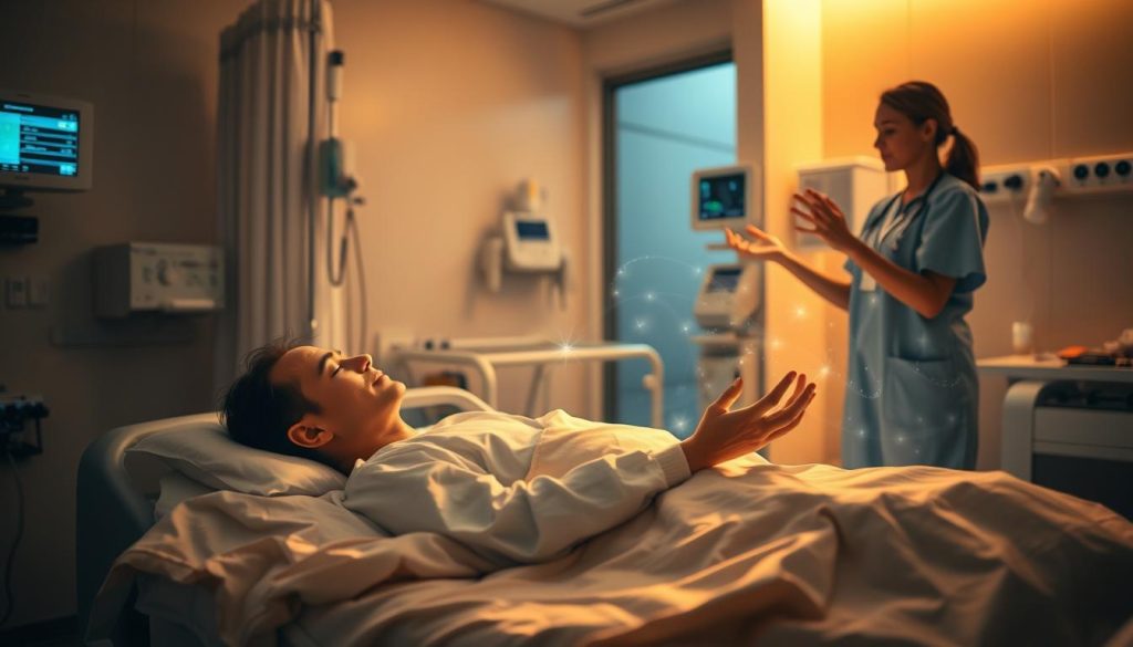 A hospital room bathed in soft, warm lighting. In the foreground, a patient lying on a bed, eyes closed, hands resting peacefully. Gentle movements of the biofield surrounding the patient, visible as translucent waves of energy. A nurse stands nearby, hands outstretched, channeling healing energy. In the background, medical equipment and monitors, providing a subtle, clinical atmosphere. The scene conveys a sense of tranquility, as the restorative power of reiki therapy unfolds in this serene hospital setting. A hospital room bathed in soft, warm lighting. In the foreground, a patient lying on a bed, eyes closed, hands resting peacefully. Gentle movements of the biofield surrounding the patient, visible as translucent waves of energy. A nurse stands nearby, hands outstretched, channeling healing energy. In the background, medical equipment and monitors, providing a subtle, clinical atmosphere. The scene conveys a sense of tranquility, as the restorative power of reiki therapy unfolds in this serene hospital setting.