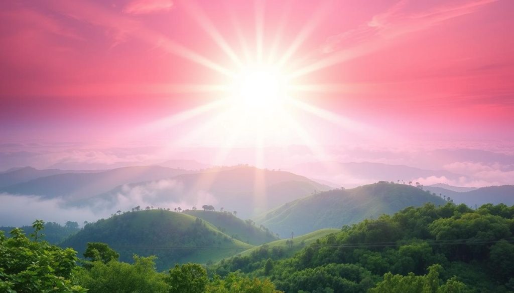 A majestic, ethereal landscape bathed in divine light. In the foreground, a pulsing, radiant orb of pure energy, its luminous tendrils reaching out and enveloping the viewer. The middle ground features rolling hills and lush, verdant vegetation, infused with a serene, otherworldly glow. The background is a vast, infinite sky, painted in shades of soft pink and lavender, with wispy clouds drifting lazily. The entire scene evokes a deep sense of calm, tranquility, and a profound connection to the spiritual realm. Soft, diffused lighting creates a dreamlike atmosphere, and the overall composition conveys the origins and essence of reiki, the ancient japanese healing practice. A majestic, ethereal landscape bathed in divine light. In the foreground, a pulsing, radiant orb of pure energy, its luminous tendrils reaching out and enveloping the viewer. The middle ground features rolling hills and lush, verdant vegetation, infused with a serene, otherworldly glow. The background is a vast, infinite sky, painted in shades of soft pink and lavender, with wispy clouds drifting lazily. The entire scene evokes a deep sense of calm, tranquility, and a profound connection to the spiritual realm. Soft, diffused lighting creates a dreamlike atmosphere, and the overall composition conveys the origins and essence of reiki, the ancient japanese healing practice.