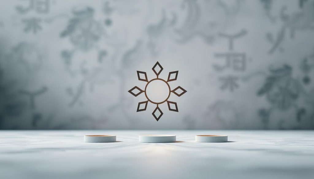 A minimalist arrangement of the sacred reiki symbols, masterfully crafted against a serene backdrop. The symbols, imbued with ancient energy, float in soft, ethereal light, radiating a sense of tranquility and healing. The composition is balanced, with the symbols occupying the focal point, surrounded by a gently blurred, calming environment. Muted tones of gray, blue, and white create a soothing, meditative atmosphere, inviting the viewer to contemplate the essence of reiki and its transformative power. The image captures the essence of level 2 reiki training, where the practitioner delves deeper into the symbolic and spiritual aspects of this profound healing modality.