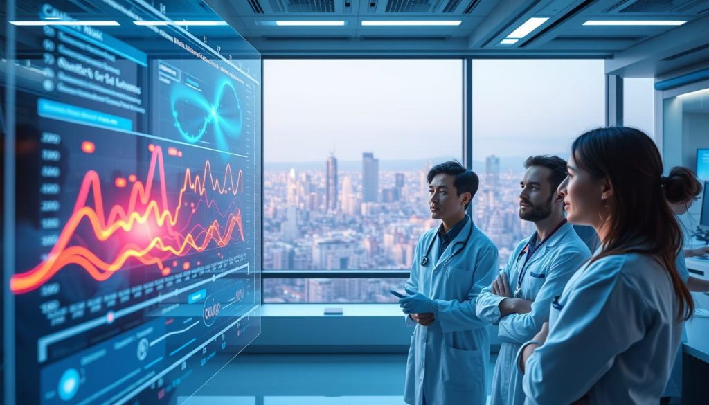 A research laboratory with a futuristic, high-tech aesthetic. In the foreground, a holographic display showcases a dynamic data visualization, representing emerging trends and patterns in clinical studies and neuroscience research related to reiki. The middle ground features scientists in lab coats and medical professionals engaged in deep discussion, their expressions thoughtful and collaborative. In the background, a large window offers a panoramic view of a bustling cityscape, symbolizing the connections between cutting-edge research and real-world applications. The scene is bathed in a cool, blue-tinted light, evoking a sense of innovation and scientific progress. A research laboratory with a futuristic, high-tech aesthetic. In the foreground, a holographic display showcases a dynamic data visualization, representing emerging trends and patterns in clinical studies and neuroscience research related to reiki. The middle ground features scientists in lab coats and medical professionals engaged in deep discussion, their expressions thoughtful and collaborative. In the background, a large window offers a panoramic view of a bustling cityscape, symbolizing the connections between cutting-edge research and real-world applications. The scene is bathed in a cool, blue-tinted light, evoking a sense of innovation and scientific progress.