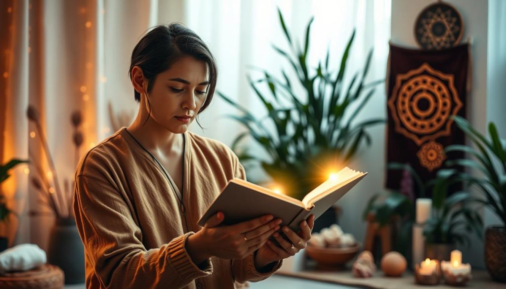 A serene and inviting scene of a person carefully selecting a reiki practitioner. The foreground features a thoughtful individual, dressed in calming earth tones, carefully reviewing a portfolio of practitioners, each represented by a glowing energy field. The middle ground showcases various reiki symbols, crystals, and other healing accoutrements, radiating a sense of warmth and tranquility. The background is a softly lit, soothing environment, perhaps a healing studio or meditation space, with natural elements like plants and soft, diffused lighting, conveying an atmosphere of peace and wellness. The overall mood is one of introspection, care, and the search for the right reiki guide to support one's journey of self-discovery and healing.