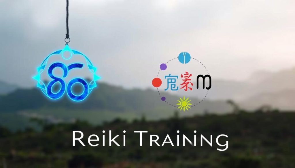 A serene and mystical scene of reiki training symbolism. In the foreground, a glowing blue reiki symbol hovers, its intricate lines and curves pulsing with spiritual energy. In the middle ground, a circle of five reiki symbols - the power, harmony, connection, mental/emotional, and distance symbols - float in a meditative arrangement, their colors and shapes radiating a sense of balance and tranquility. The background depicts a tranquil landscape, with a soft, diffused light filtering through a misty atmosphere, creating a calming and contemplative mood. The image conveys the deep, transformative journey of reiki training and the profound symbolism that guides and inspires the practice. A serene and mystical scene of reiki training symbolism. In the foreground, a glowing blue reiki symbol hovers, its intricate lines and curves pulsing with spiritual energy. In the middle ground, a circle of five reiki symbols - the power, harmony, connection, mental/emotional, and distance symbols - float in a meditative arrangement, their colors and shapes radiating a sense of balance and tranquility. The background depicts a tranquil landscape, with a soft, diffused light filtering through a misty atmosphere, creating a calming and contemplative mood. The image conveys the deep, transformative journey of reiki training and the profound symbolism that guides and inspires the practice.